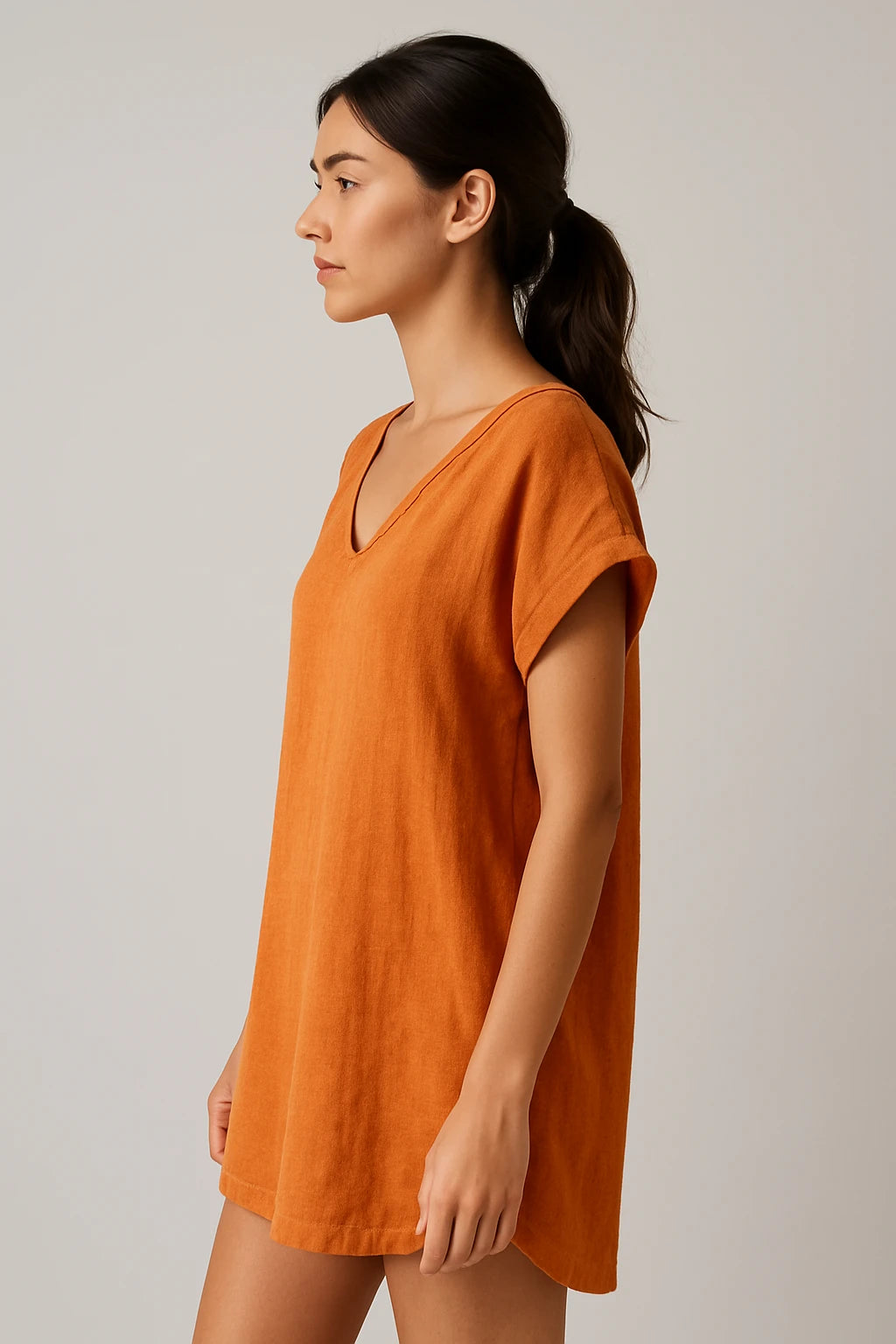 Short Sleeve V-Neck Linen Dress for Women