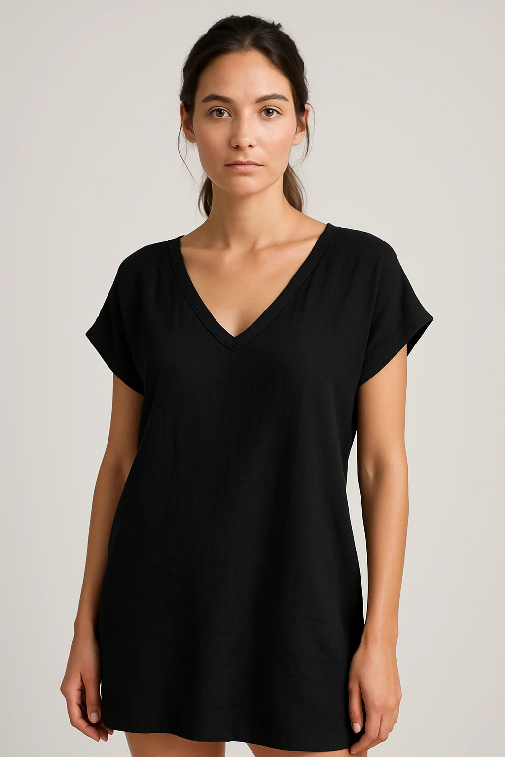Short Sleeve V-Neck Linen Dress for Women