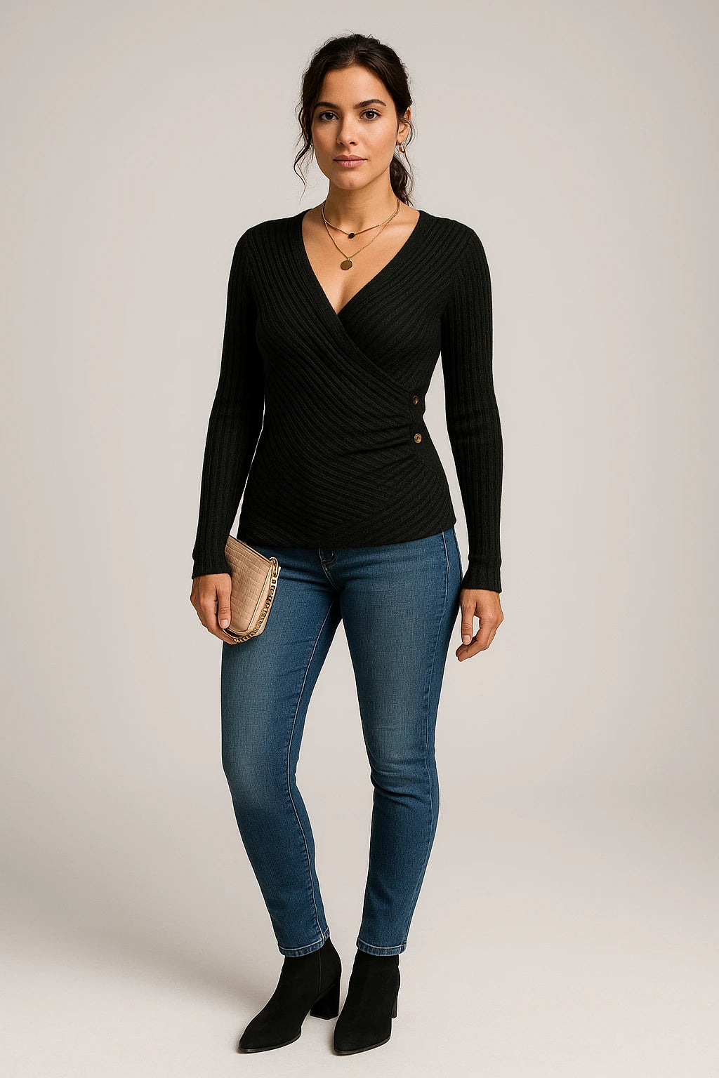 Ribbed Wrap V-Neck Long Sleeve Top for Women