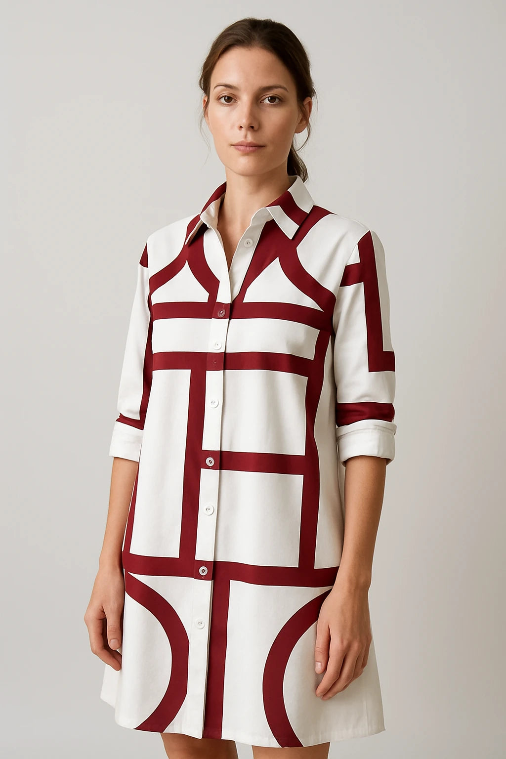 Geometric Print Shirt Dress with 3/4 Sleeves for Women