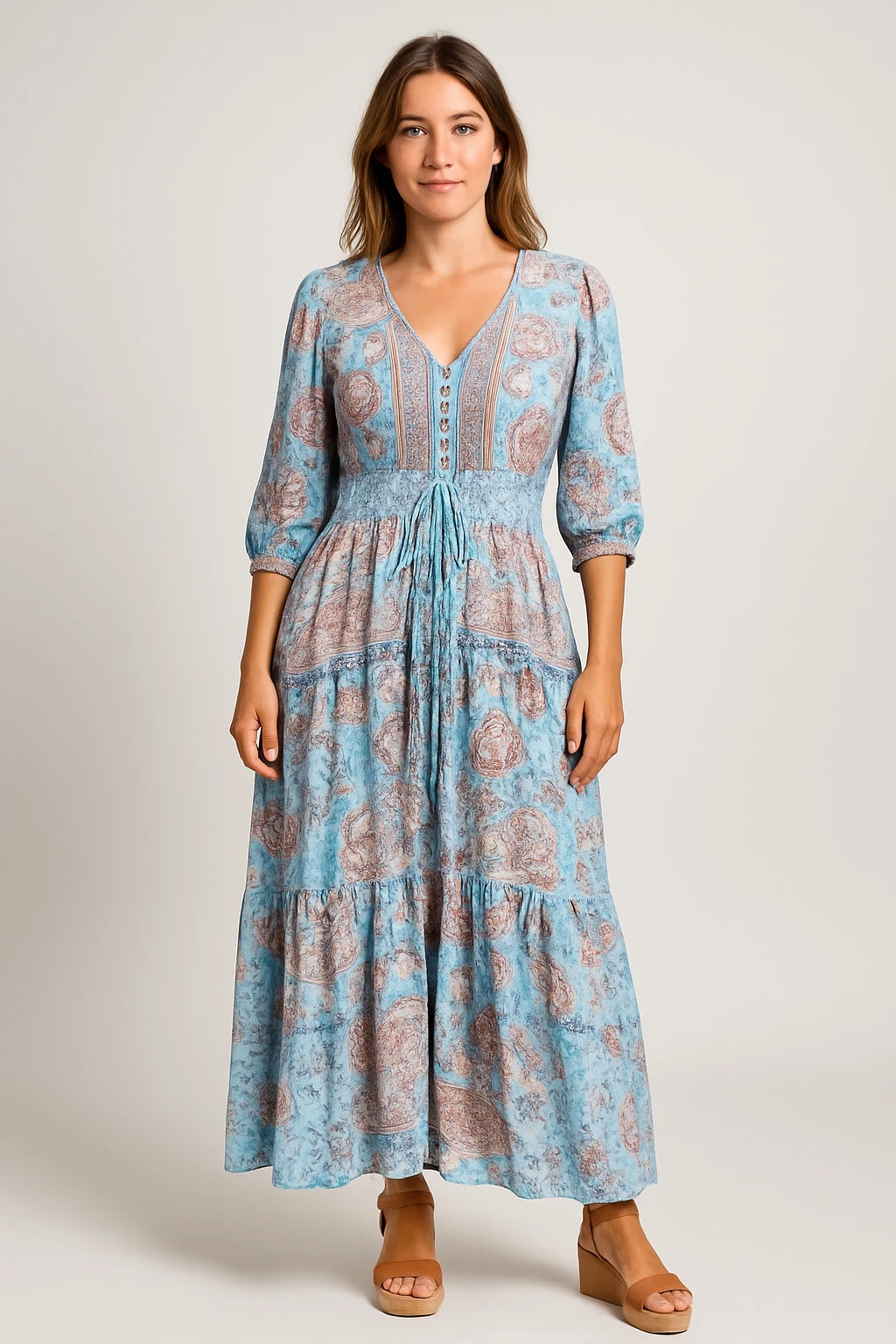 Womens Spring Floral Dress with Flattering V-Neckline and Adjustable Waist Tie - Image 3