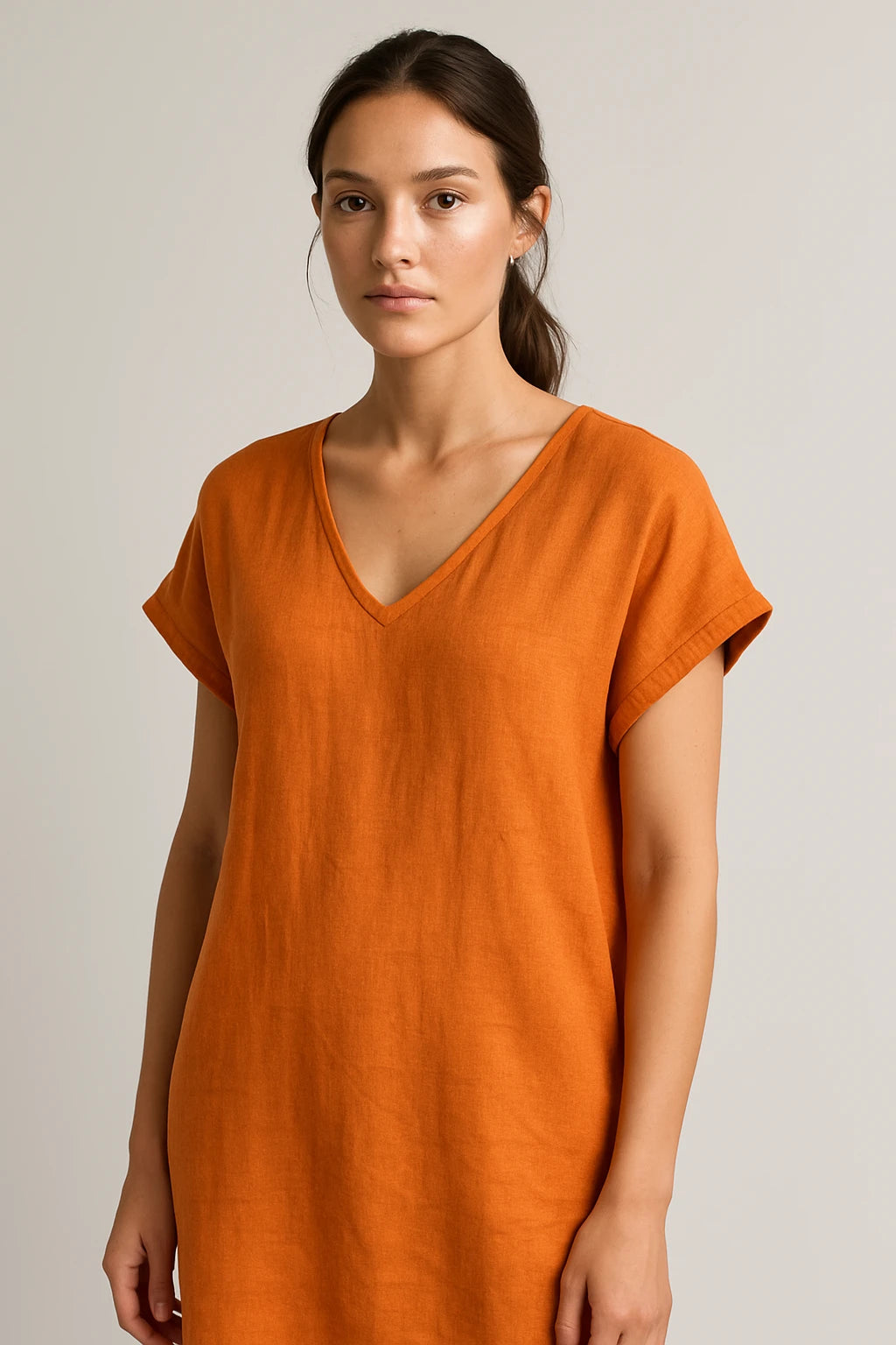 Short Sleeve V-Neck Linen Dress for Women