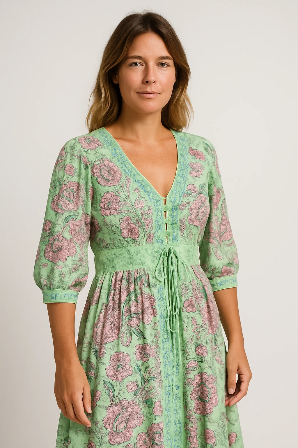 Womens Spring Floral Dress with Flattering V-Neckline and Adjustable Waist Tie - Image 5