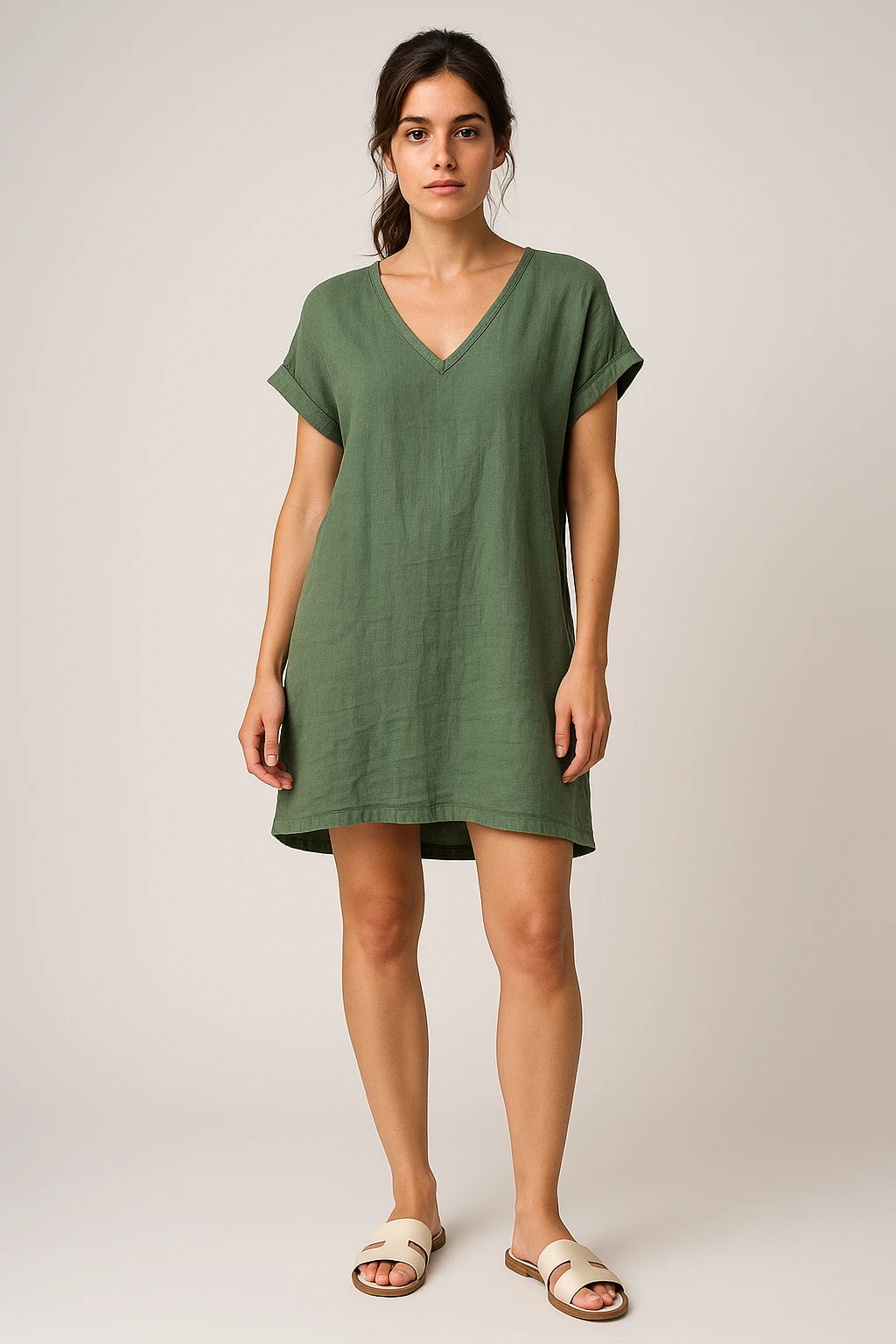 Short Sleeve V-Neck Linen Dress for Women
