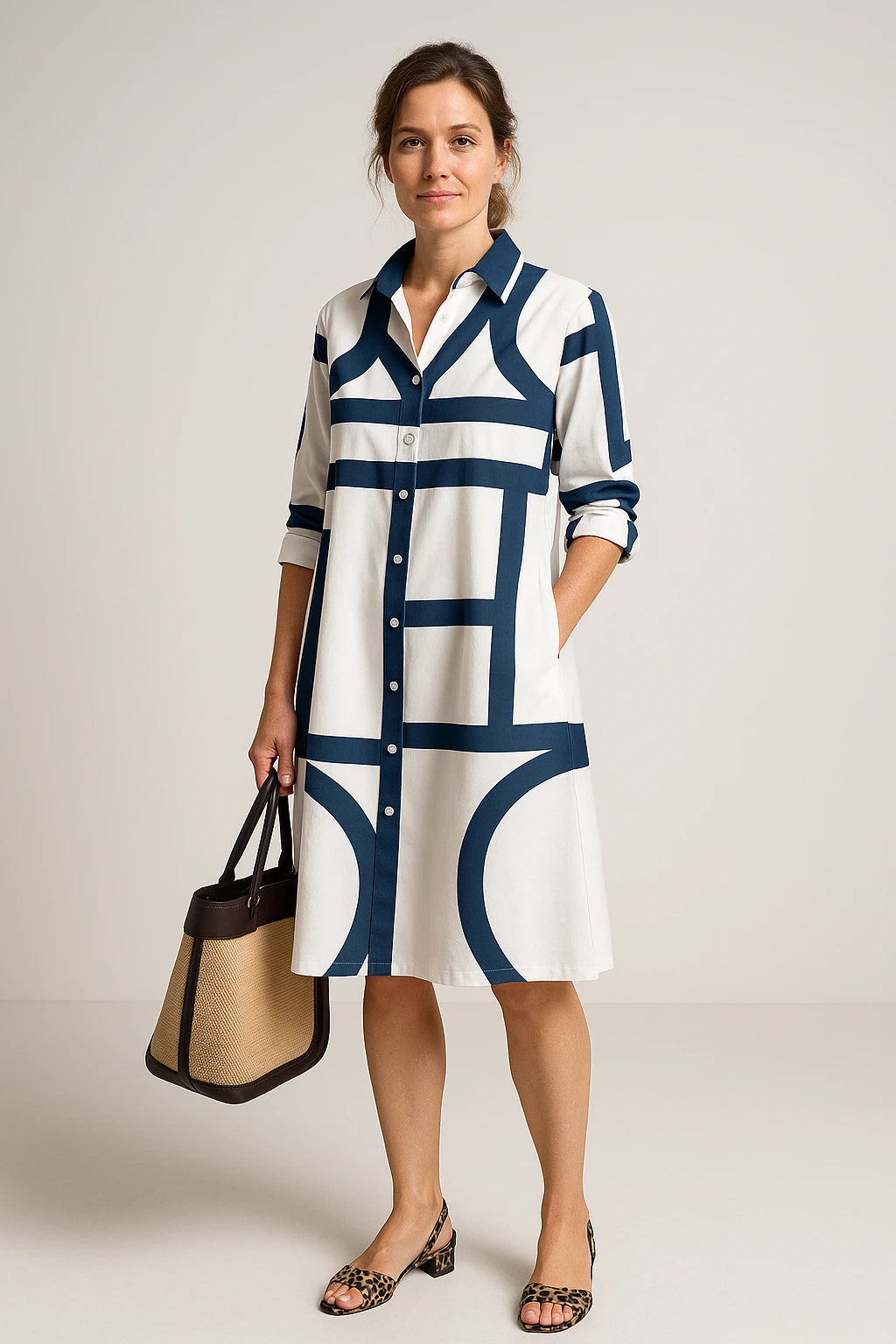 Geometric Print Shirt Dress with 3/4 Sleeves for Women