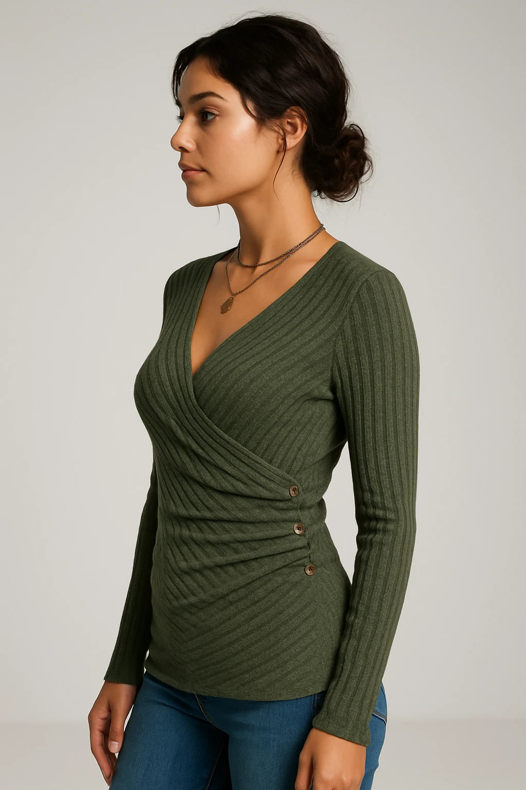 Ribbed Wrap V-Neck Long Sleeve Top for Women