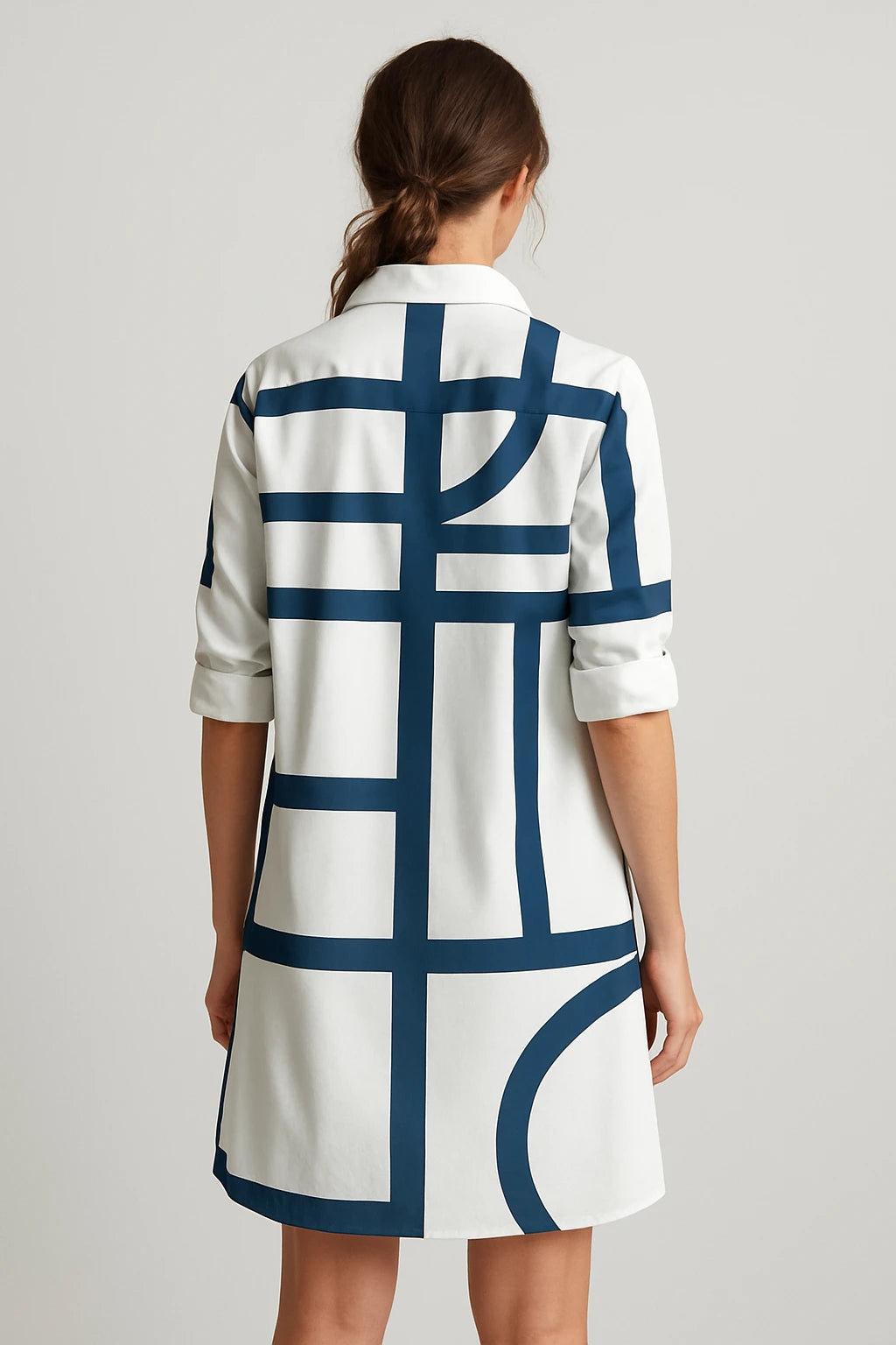 Geometric Print Shirt Dress with 3/4 Sleeves for Women