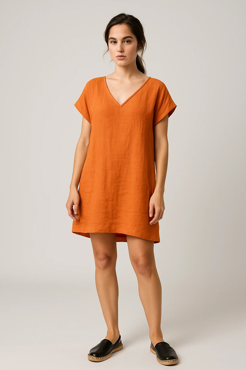 Short Sleeve V-Neck Linen Dress for Women