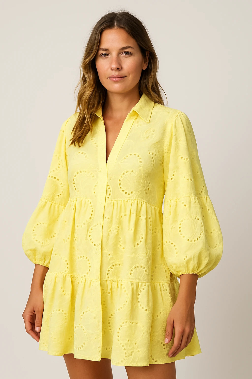 Womens Summer Lace Shirt Dress with V-Neck and 7/4 Sleeves for Versatile Styling - Image 1