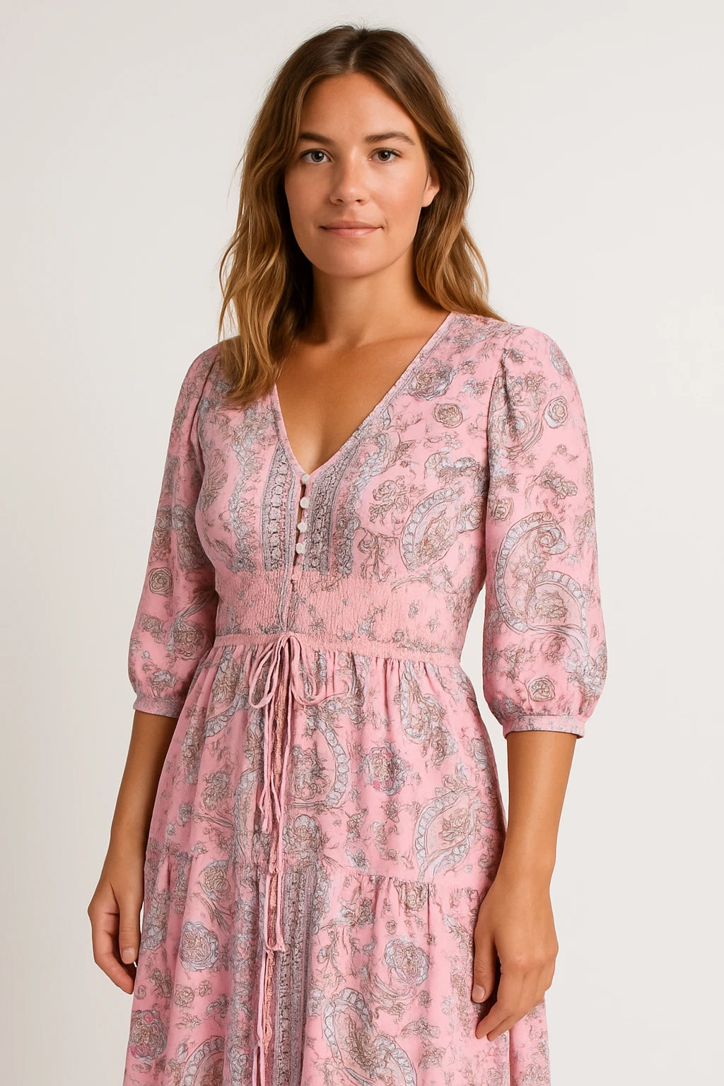 Womens Spring Floral Dress with Flattering V-Neckline and Adjustable Waist Tie - Image 4